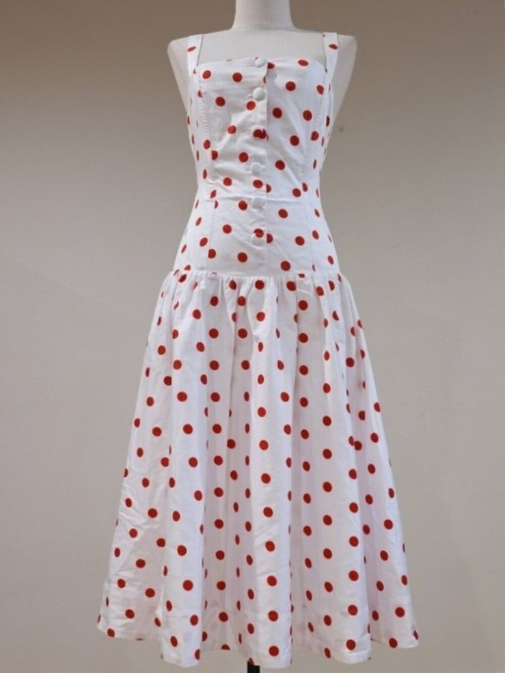 NEW $289 FOR LOVE AND LEMONS RED POLKA-DOT MIDI DRESS IN WHITE SIZE S